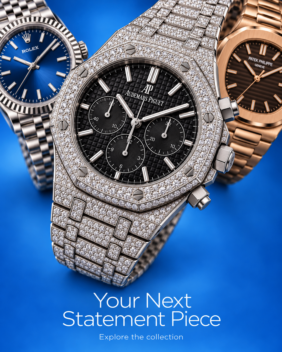 Three iced watches on a blue background — Your Next Statement Piece, explore the collection