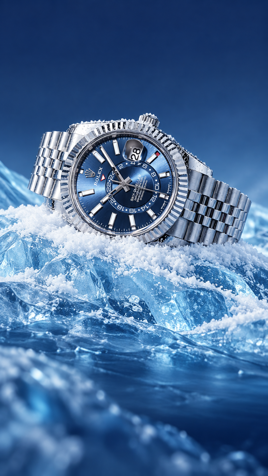 Blue-dial Rolex Sky-Dweller resting on ice